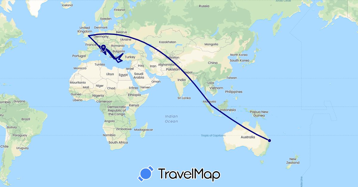 TravelMap itinerary: driving in Australia, United Kingdom, Greece, Croatia, Italy, Singapore, Turkey (Asia, Europe, Oceania)